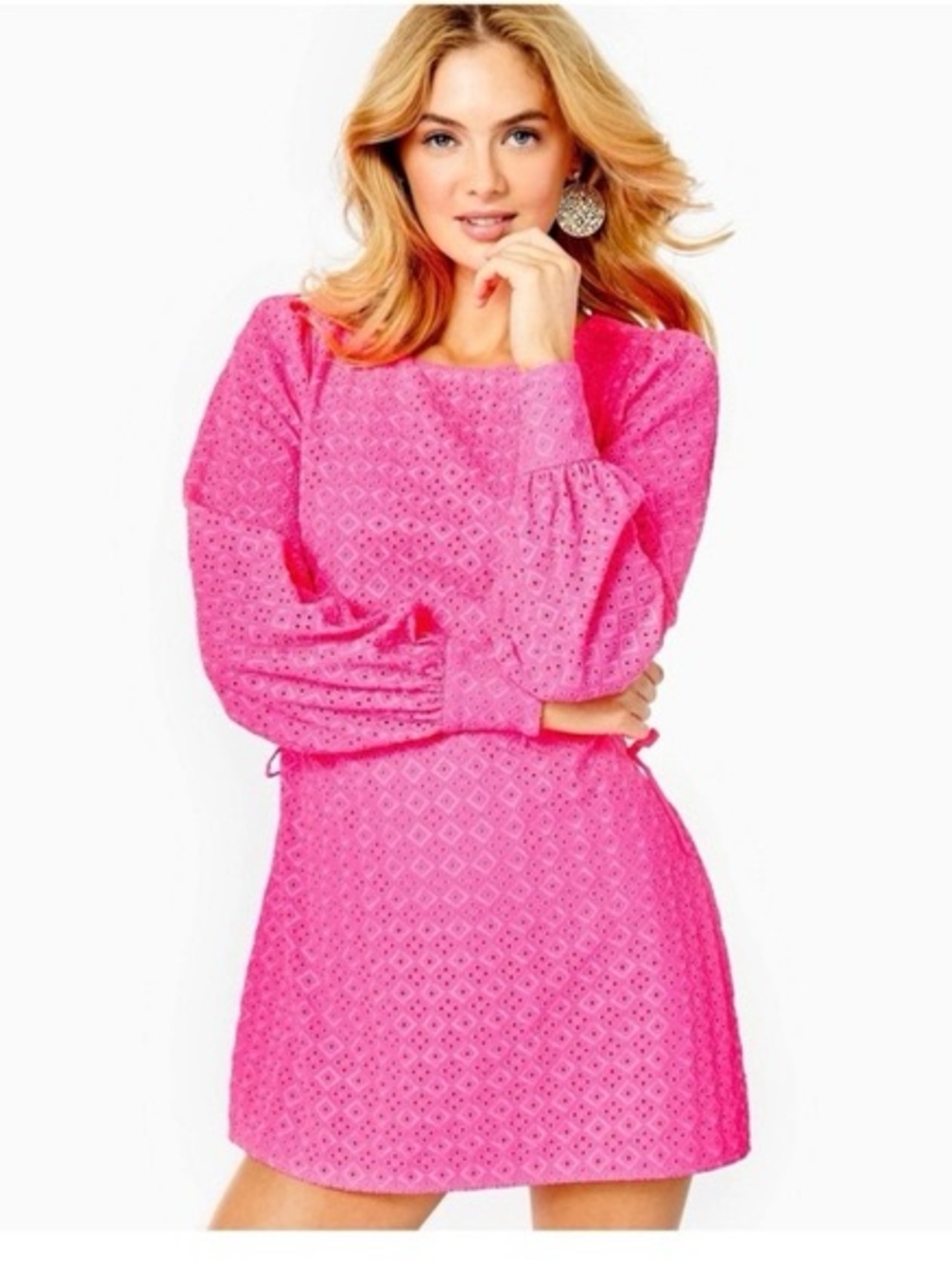 NWT Lilly Pulitzer  Aisha Hot Pink Eyelet Long-Sleeve Mini Romper Dress S